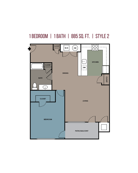 Floor plan for 1 bed, 1 bath, 885 sqft